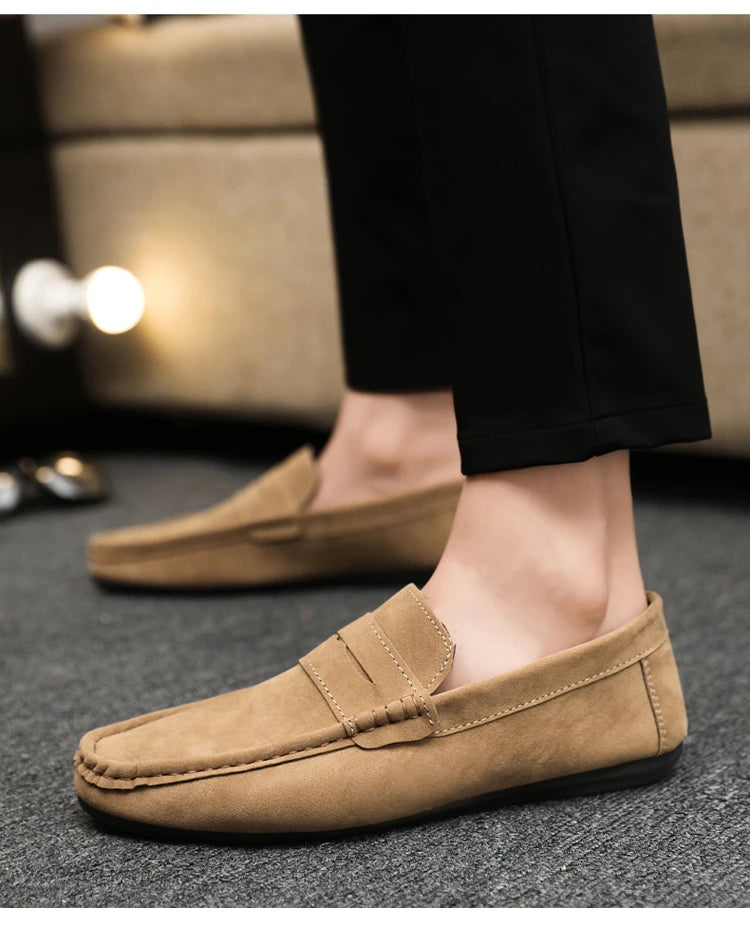 2025 Autumn Deer Leather Casual Men's Shoes Versatile Comfortable Work Shoes Driving Loafers Black, Grey, Khaki Three-Colour
