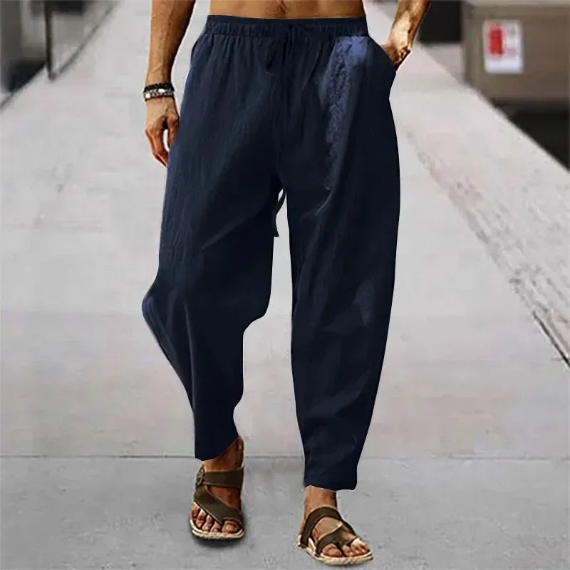 New Men's Cotton Linen Pants for Summer and Autumn - Solid High Waist Wide-Leg Trousers - Loose Hemp Casual Breathable Sports Pants