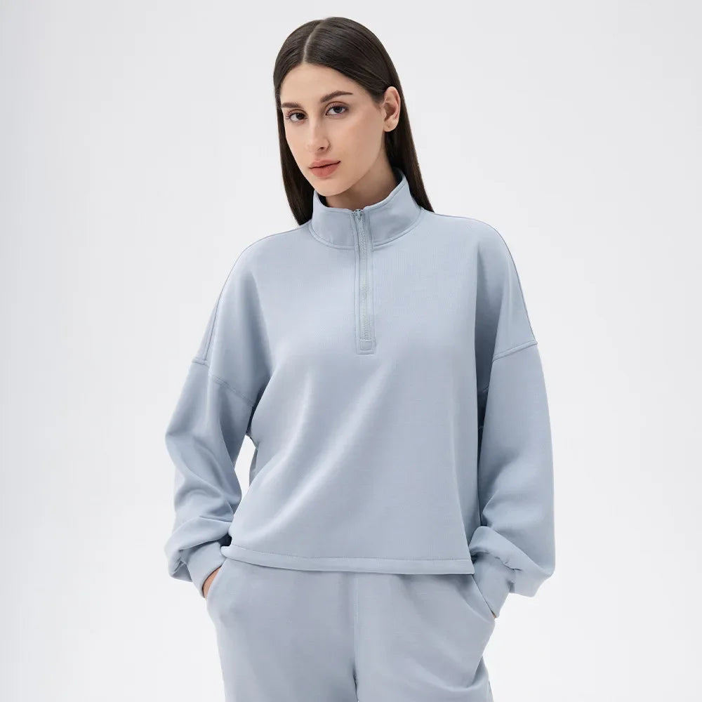 Women Autumn Winter Yoga Wear Sports Sweatshirt Modal Loose-Fit Casual Stand Collar Running Fitness Top & Pants Breathable Soft
