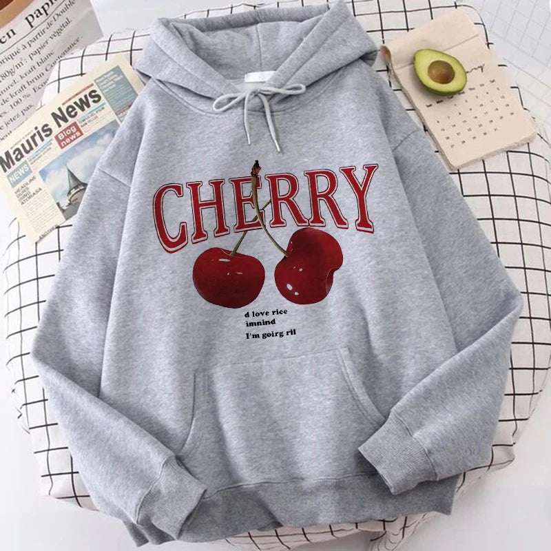 Girls 2000s Cherry Love Long Sleeve Pocket Hoodies Funny Gothic Sweatshirt Women's Print Casual Hoody Streetwear Y2k Clothes