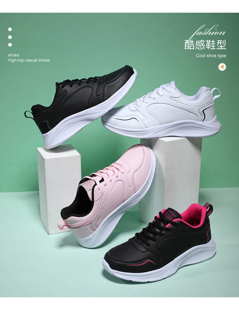 Autumn and Winter Leather Outdoor Running Shoes for Women Flat Sports Casual Shoes for Women White Shoes Large Size Travel