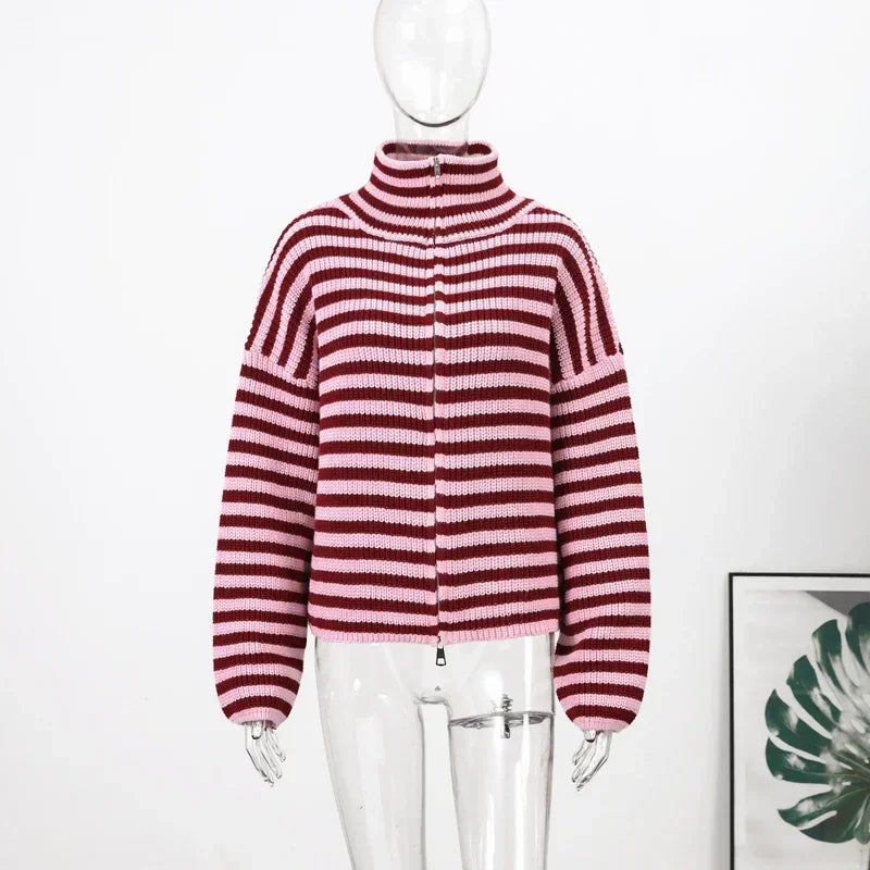 Women's Panelled Striped Zipper Knit Sweater Turtleneck Full Sleeve Coat 2026 Spring Autumn Female Casual Outings Daily Matching