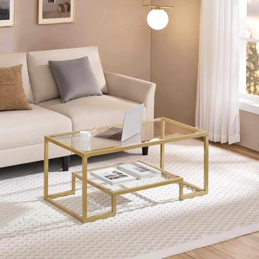 Gold Coffee Table, 42" Rectangular Glass Coffee Table for Living Room, 2-Tier Living Room Tables with Storage Center, Customized