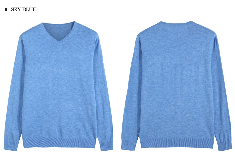 2023 Autumn New Men's V-neck Wool Sweater Business Casual Solid Color Thin Pullover Sweater Brand Clothes Blue Red Black