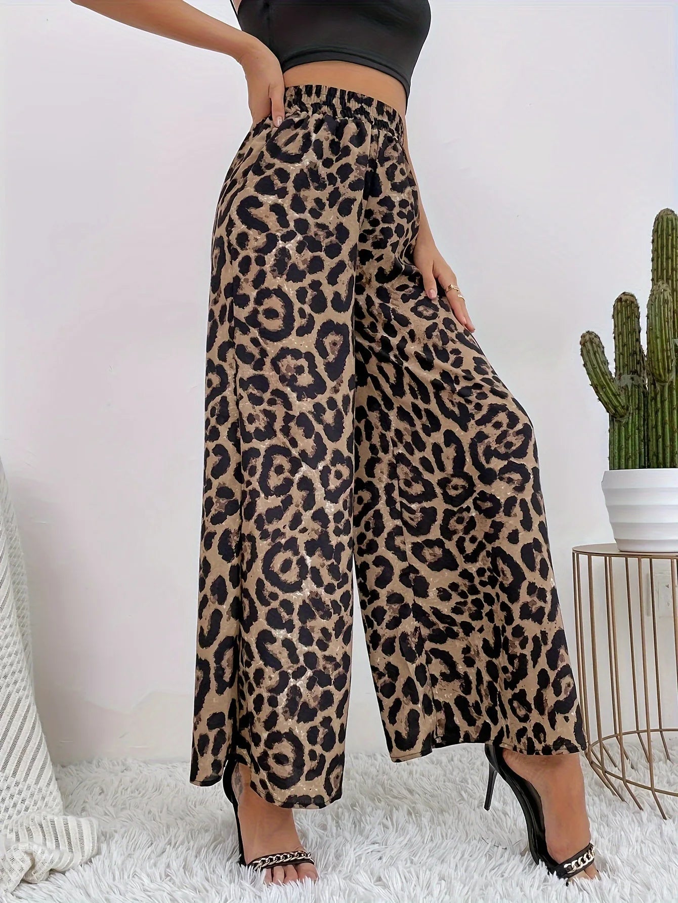 2025 Summer Temperament Leopard Print Casual Pants for Women, Elastic Waistband, Wide Leg