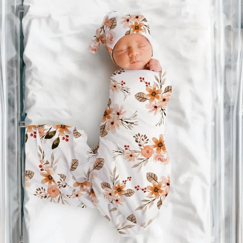 3pc Set Baby Swaddle Wrap for Newborns with Floral Headband