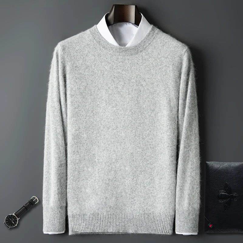 100% Pure Mink Cashmere Men's Round Neck Sweater for Autumn Winter, Casual Knitted Long Sleeved Pullover Sweater Men's Clothing