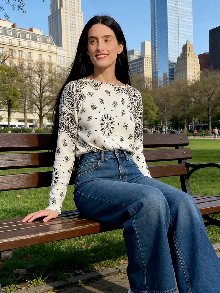 2026 Spring New Paisley Cashew Flower Knitted Pullover for Women Elegant Long Sleeve Sweater Female Irregular Chic Street Jumper