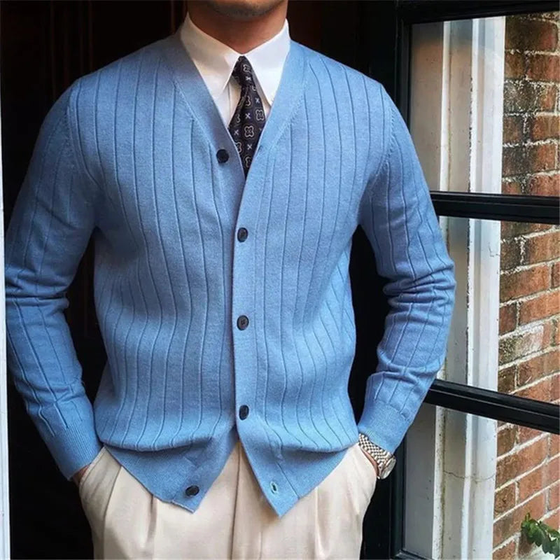 Autumn Winter Men's Business Casual V Neck Cardigan Solid Color Knit Sweatercoat Male Slim Fit Long Sleeve Knitted Sweater Tops