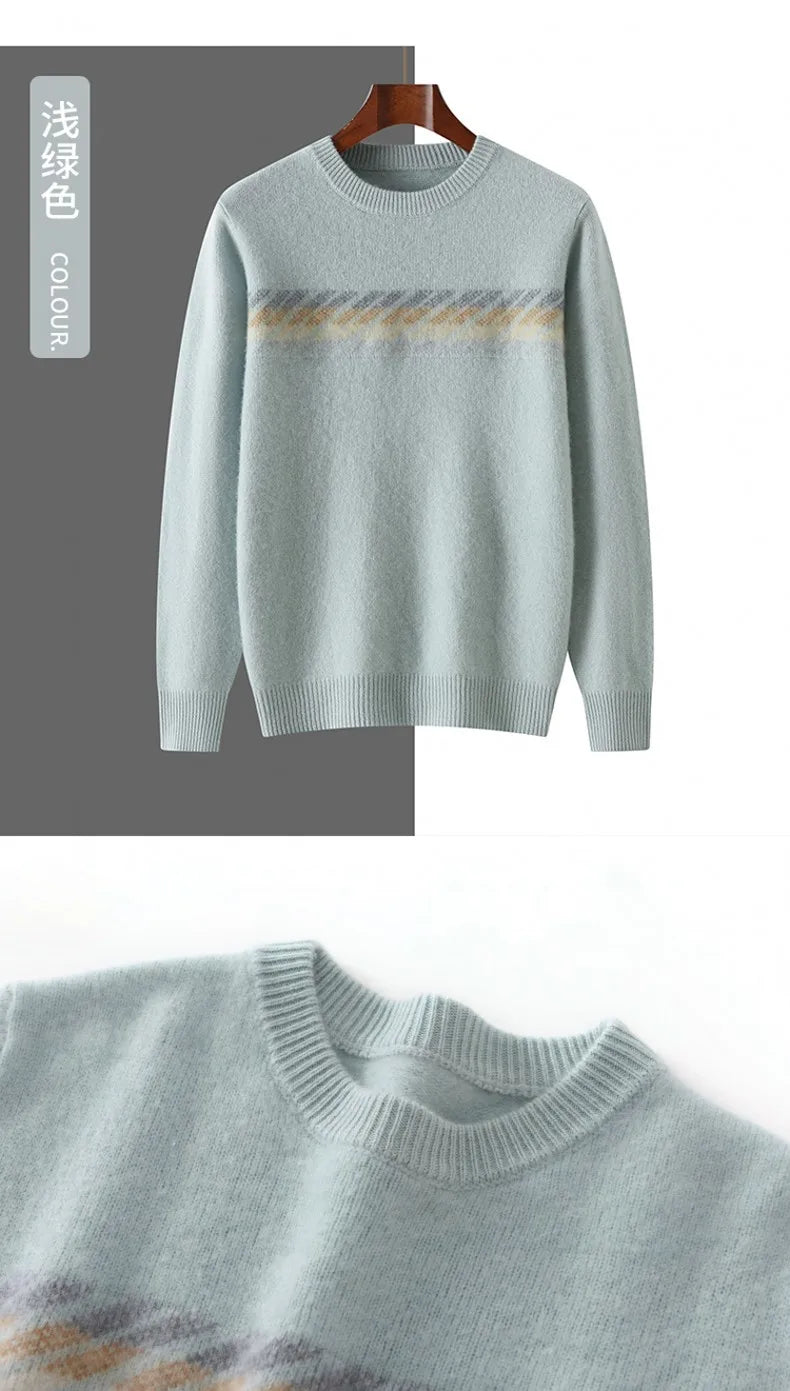 Autumn Winter New Round Neck 100% Cashmere Sweater for Men - Loose Thickened Casual Color Block Pullover Knitted Base Shirt