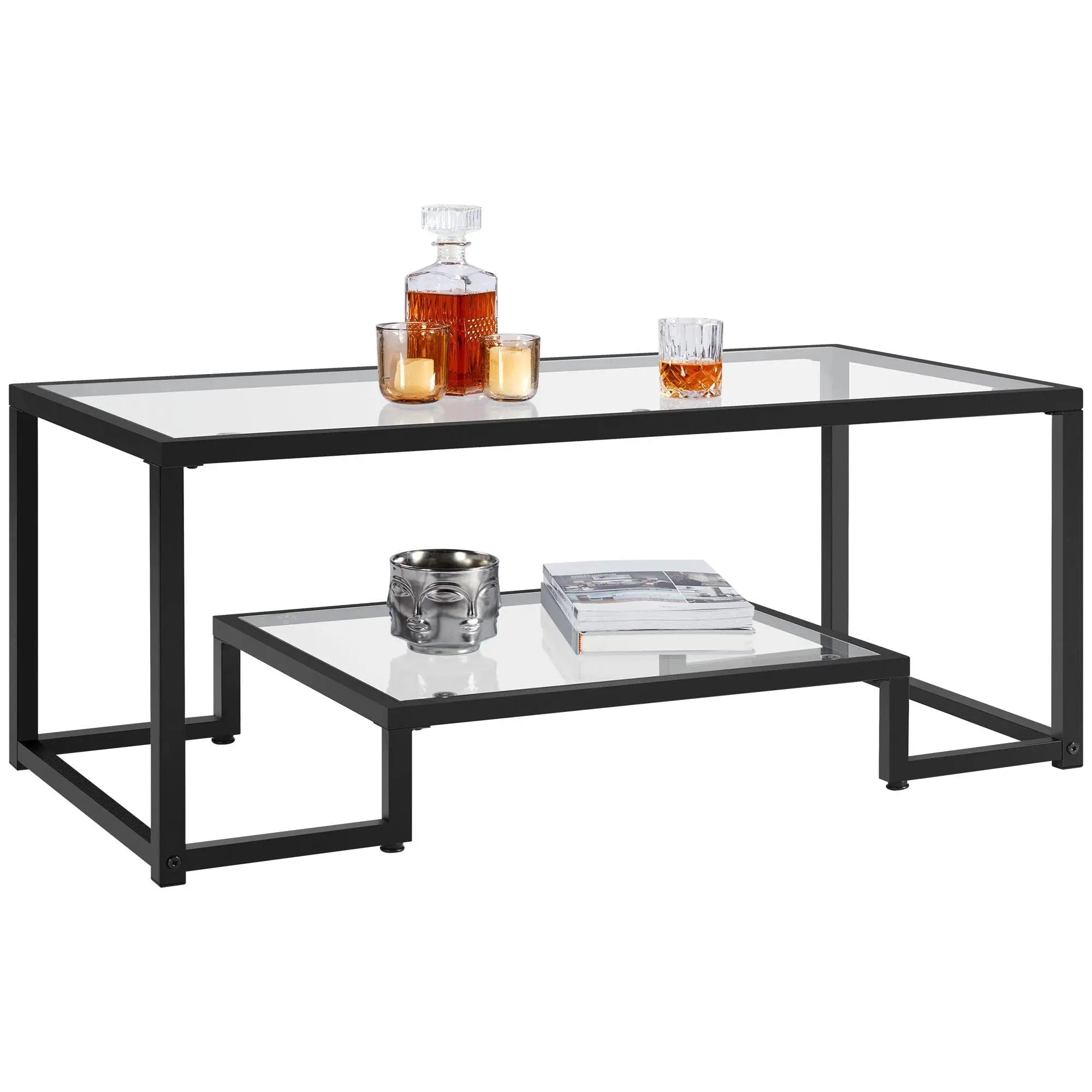 Gold Coffee Table, 42" Rectangular Glass Coffee Table for Living Room, 2-Tier Living Room Tables with Storage Center, Customized