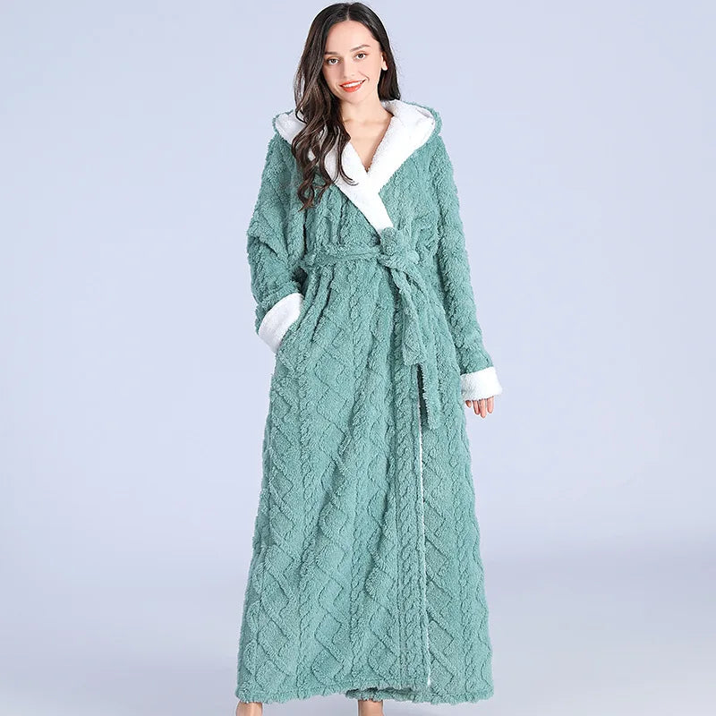 Loose Long Thick Hooded Winter Bathrobe for Women - Flannel Terry Comfortable Sleepwear