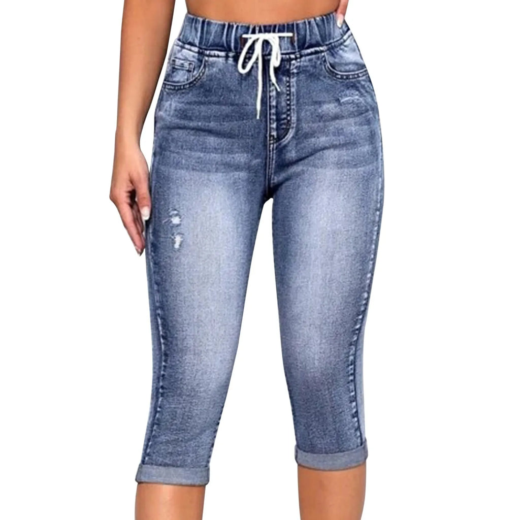 Women's Vintage Denim Pants Summer High Waist Slim Fit Drawstring Waistband Capri Pants Streetwear Jean Short Pants