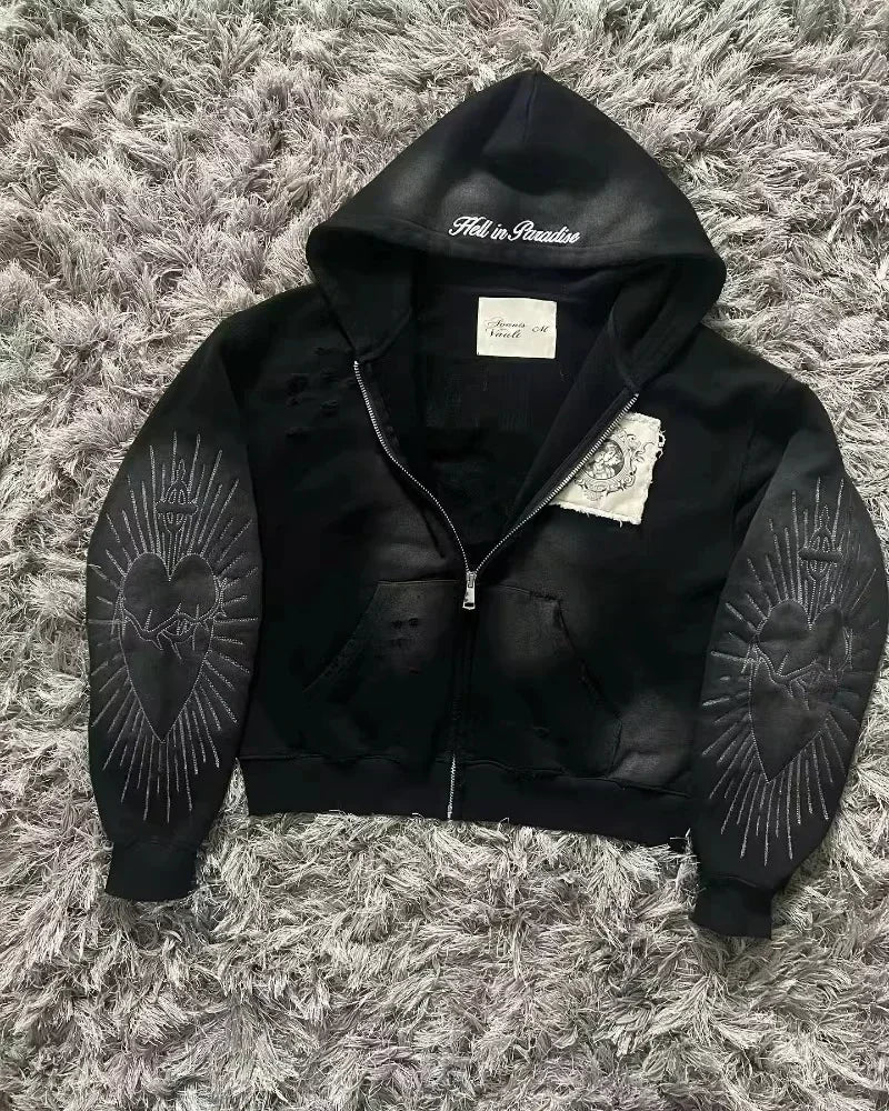 European and American Fashion Trends Joker Pattern Embroidered Zipper Hoodie Women Street Hip Hop Retro Casual Sweatshirt Unisex