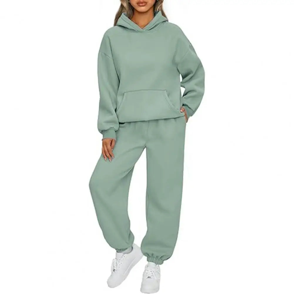 Women's Tracksuit Suit Winter Fashion Warm Hoodie Sweatshirts Two Pieces Oversized Solid Casual Hoody Pullovers Long Pant Sets