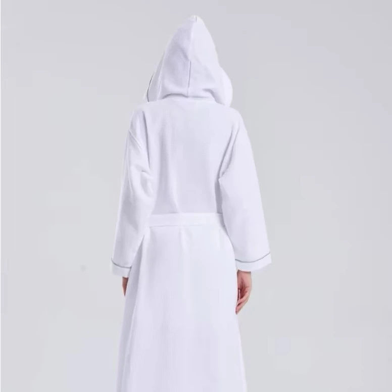 Pure Cotton Waffle Hooded Hotel SPA Robe for Men and Women - Quick Drying, Absorbent Kimono Yukata Sleepwear, Homewear, Casual Soft Bathrobe