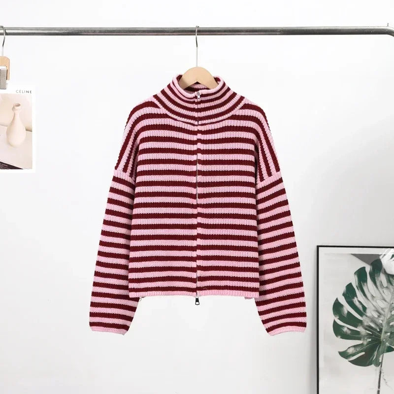 Women's Panelled Striped Zipper Knit Sweater Turtleneck Full Sleeve Coat 2026 Spring Autumn Female Casual Outings Daily Matching