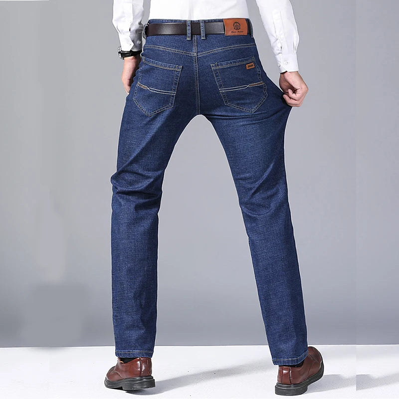 Men's Soft Straight Denim Pants 2025 Autumn Classic Business Black Biker Jeans Overalls