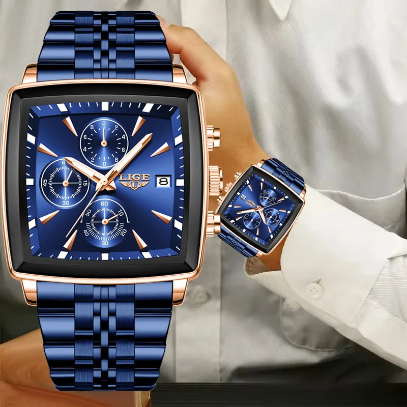 LIGE Top Brand Luxury Men's Watches Fashion Military Square Chronograph Quartz Wristwatches for Men Sports Waterproof Watch