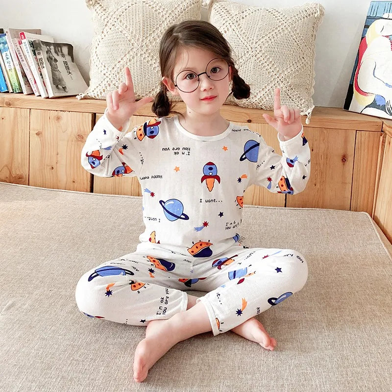 Top+Pants 2-Piece Set Breathable Soft Cotton Pajamas for Children Boys Girls Baby Summer Cartoon Long Sleeve Home Sleepwear Set 1-6Y