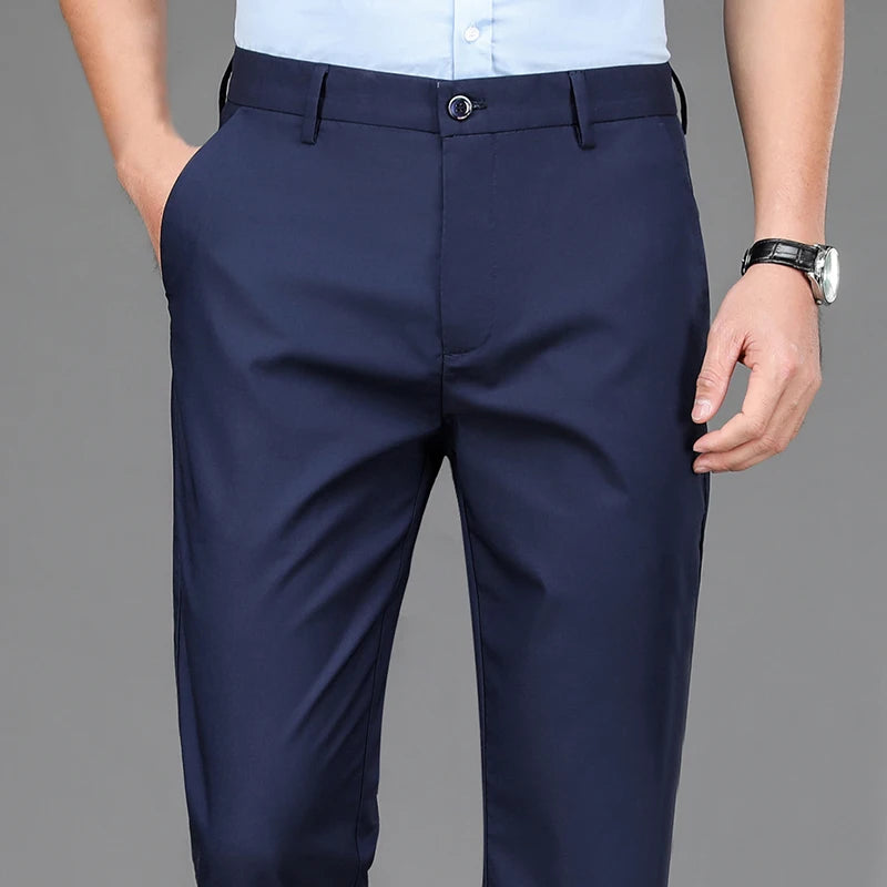 Men's Stretch Solid Black Smart Casual Trousers - Office Quick Dry Suit Pants - New Spring Autumn Korean Straight Pants