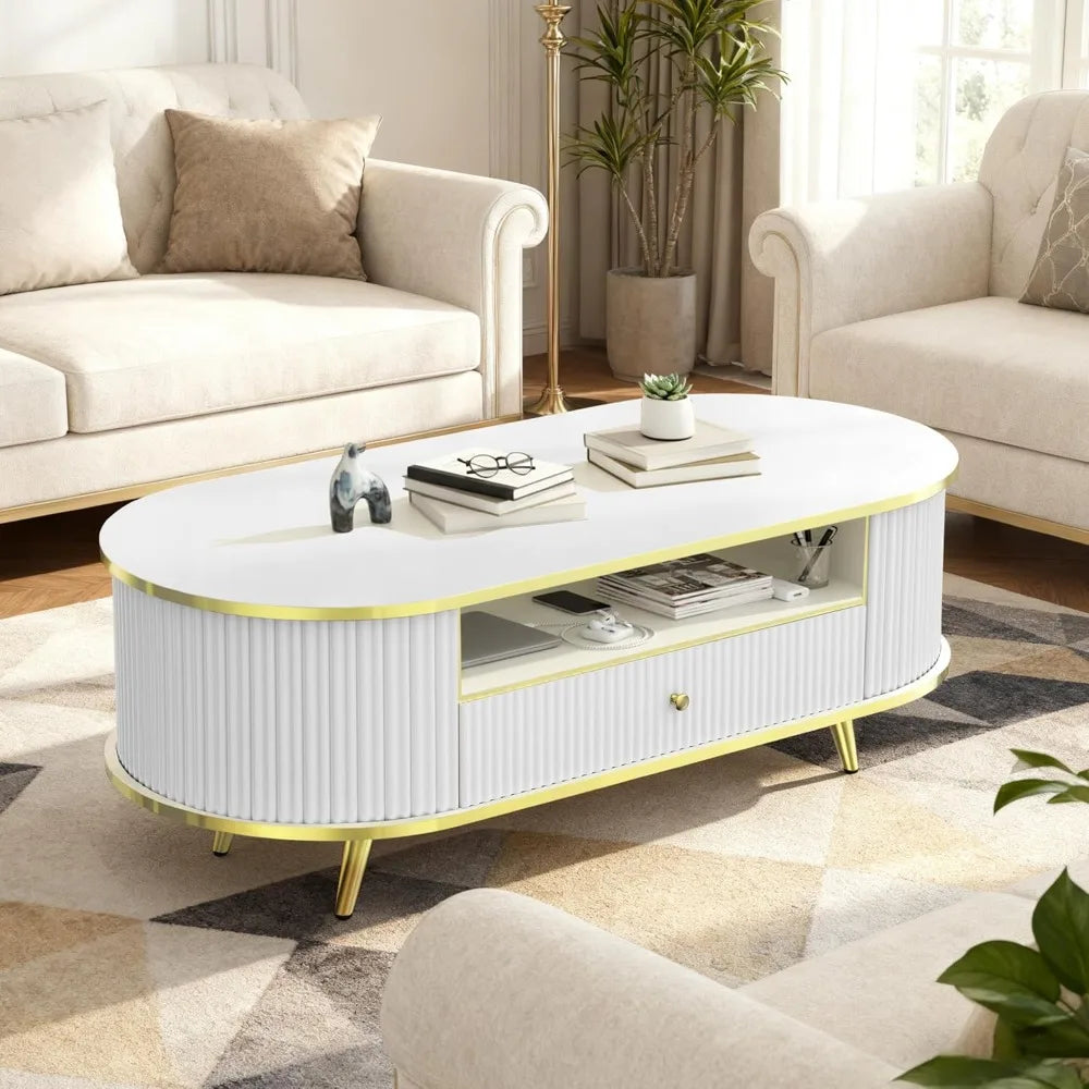 47" Fluted Coffee Table with LED Lights & Storage - Luxury Modern Oval Center Table for Living Room, Coffe Tables,Customized