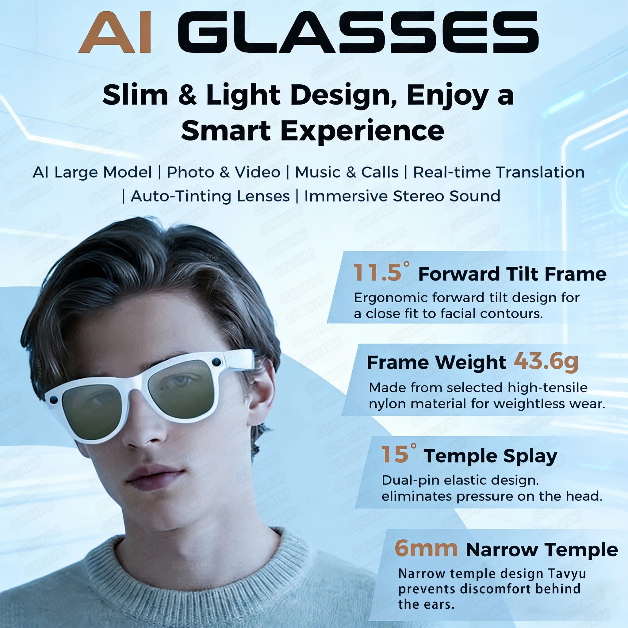 New 800W 4K HD Camera Smart Glasses for Men with 3600mAh Power Bank and 100+ Language Translation, Video Recording, Music Player, and Calling Features