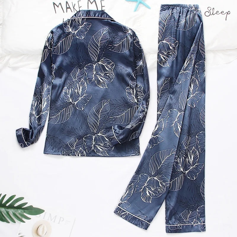 Spring Autumn Pajama Women Silk Satin Pajamas Set Long Sleeve Shirt with Trouser Sleepwear Loungewear Female Pajamas Suits Mujer