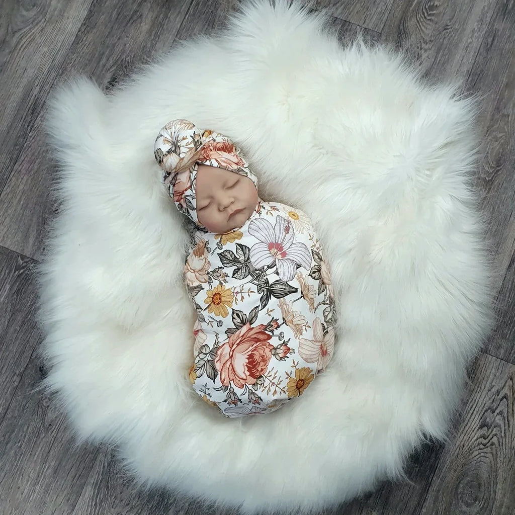 3pc Set Baby Swaddle Wrap for Newborns with Floral Headband