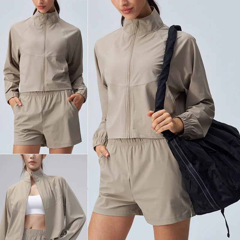 Women's Athletic Workout Running Track Full Zip Cropped Jackets UPF 50+ Sun Protection Long Sleeve Workout Shirts Yoga Gym Top