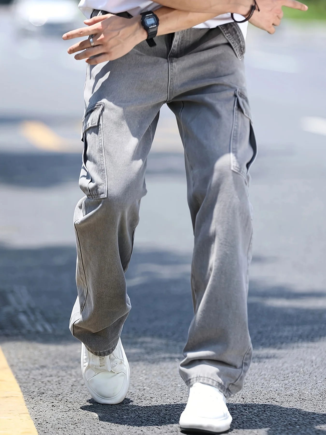 Men's Multi-Pocket Denim Work Pants, Straight-Leg Jeans, Lumberjack Work Pants, Large-Capacity Pocket Jeans