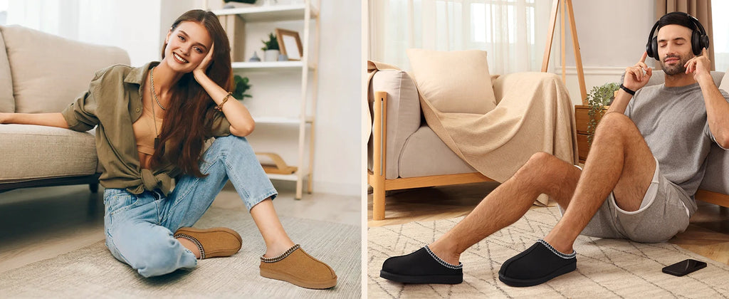 Comwarm Winter Women's Fuzzy Slippers Genuine Suede Indoor Outdoor Fluffy House Slippers Slip On Warm Memory Foam Furry Shoes