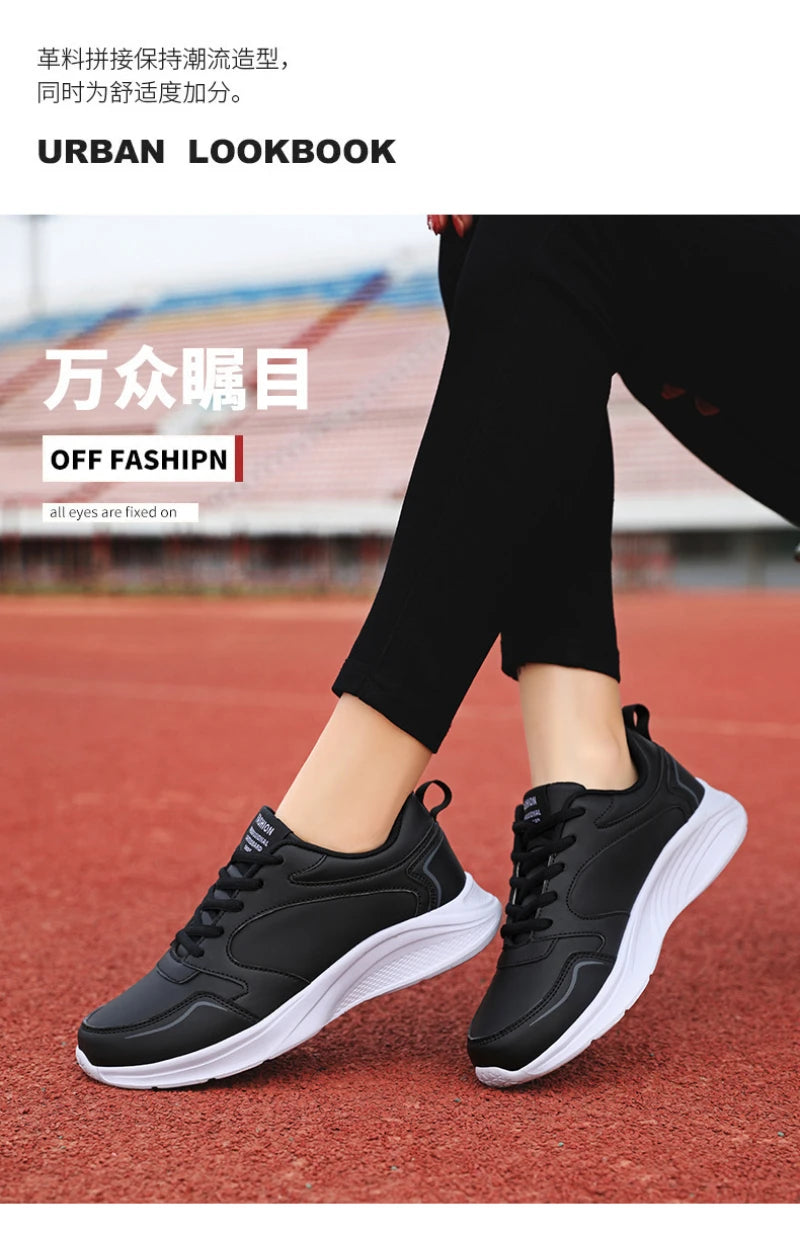 Autumn and Winter Leather Outdoor Running Shoes for Women Flat Sports Casual Shoes for Women White Shoes Large Size Travel
