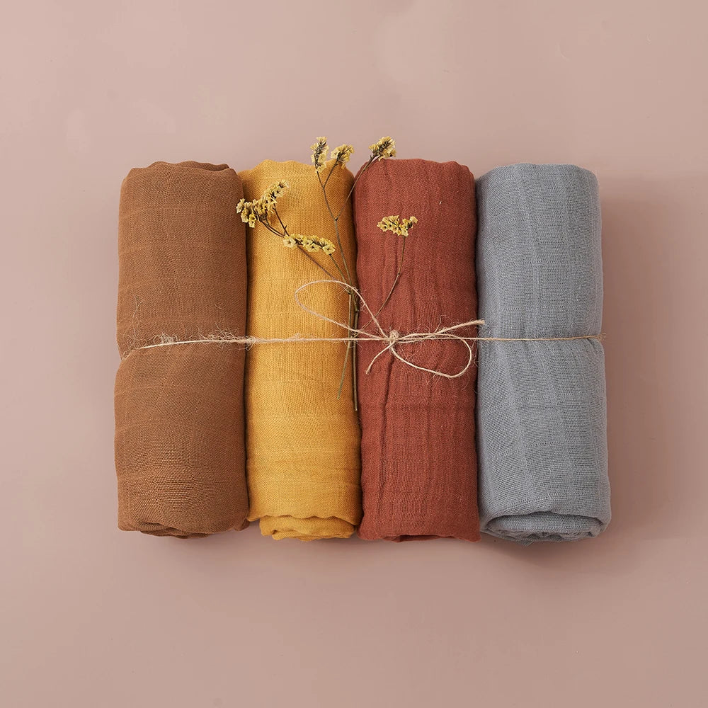 Elinfant 100% Cotton 4PCS Muslin Swaddle Blankets,120*110cm Bamboo Cotton Newborn Baby Bath Towel Wrap