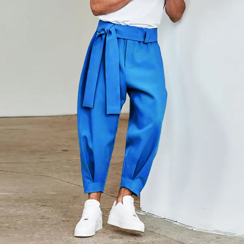 Spring Men's Loose Solid Color Cropped Pants with Belt Decoration and Gathered Feet