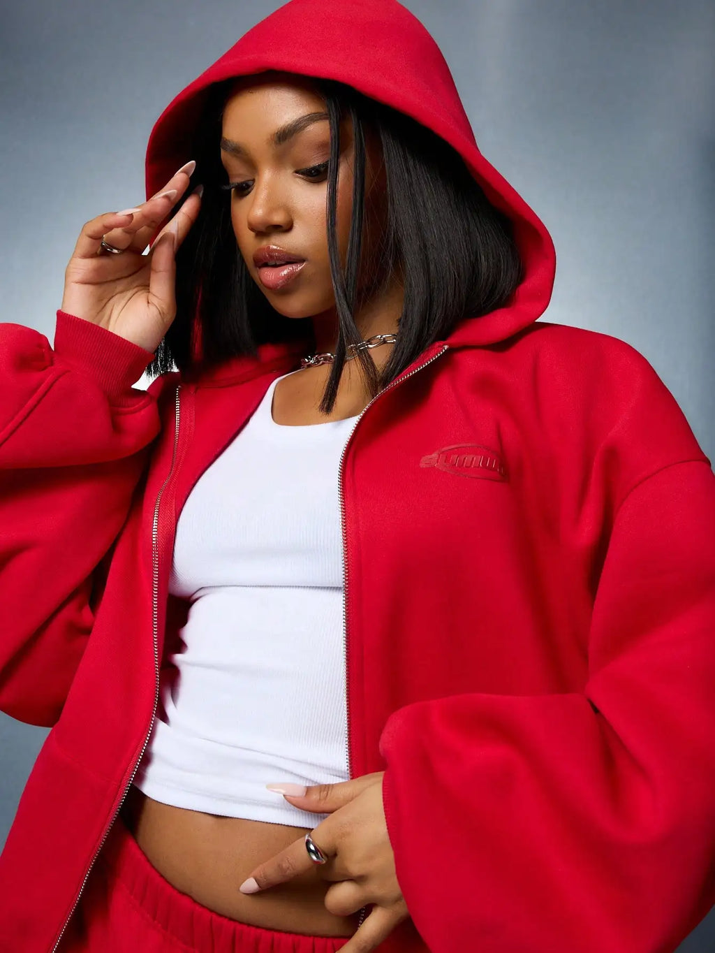 SUMWON Women's Red Oversized Full Zip Hoodie - Cozy Athleisure Streetwear for Fall Winter