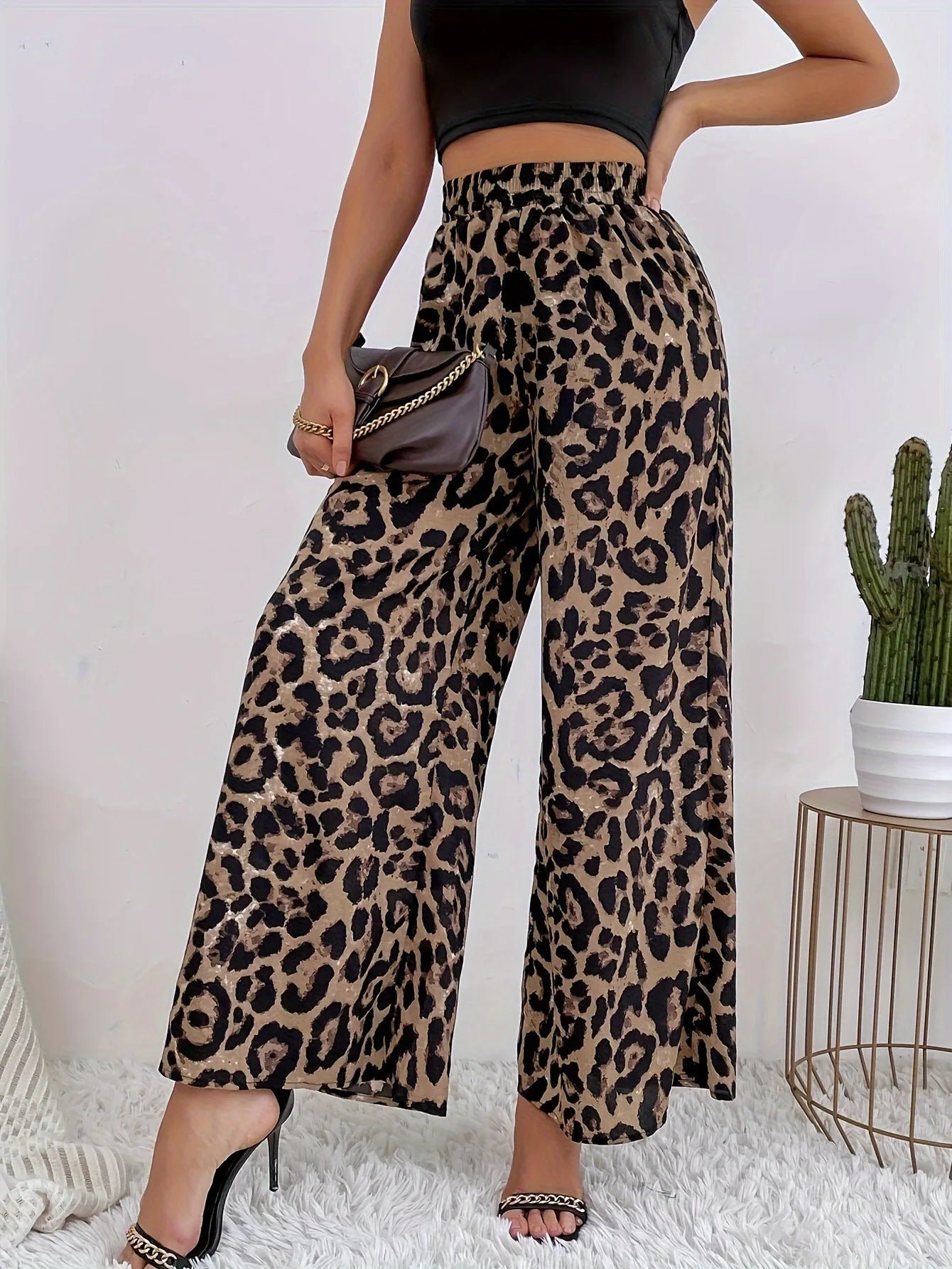 2025 Summer Temperament Leopard Print Casual Pants for Women, Elastic Waistband, Wide Leg