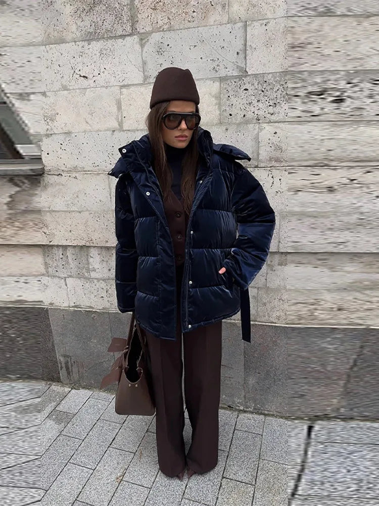Chic Women's Shiny Pink Hooded Puffer Jacket Oversized Longline Winter Cotton-Padded Coat Fashion Warm Down Outerwear for Women