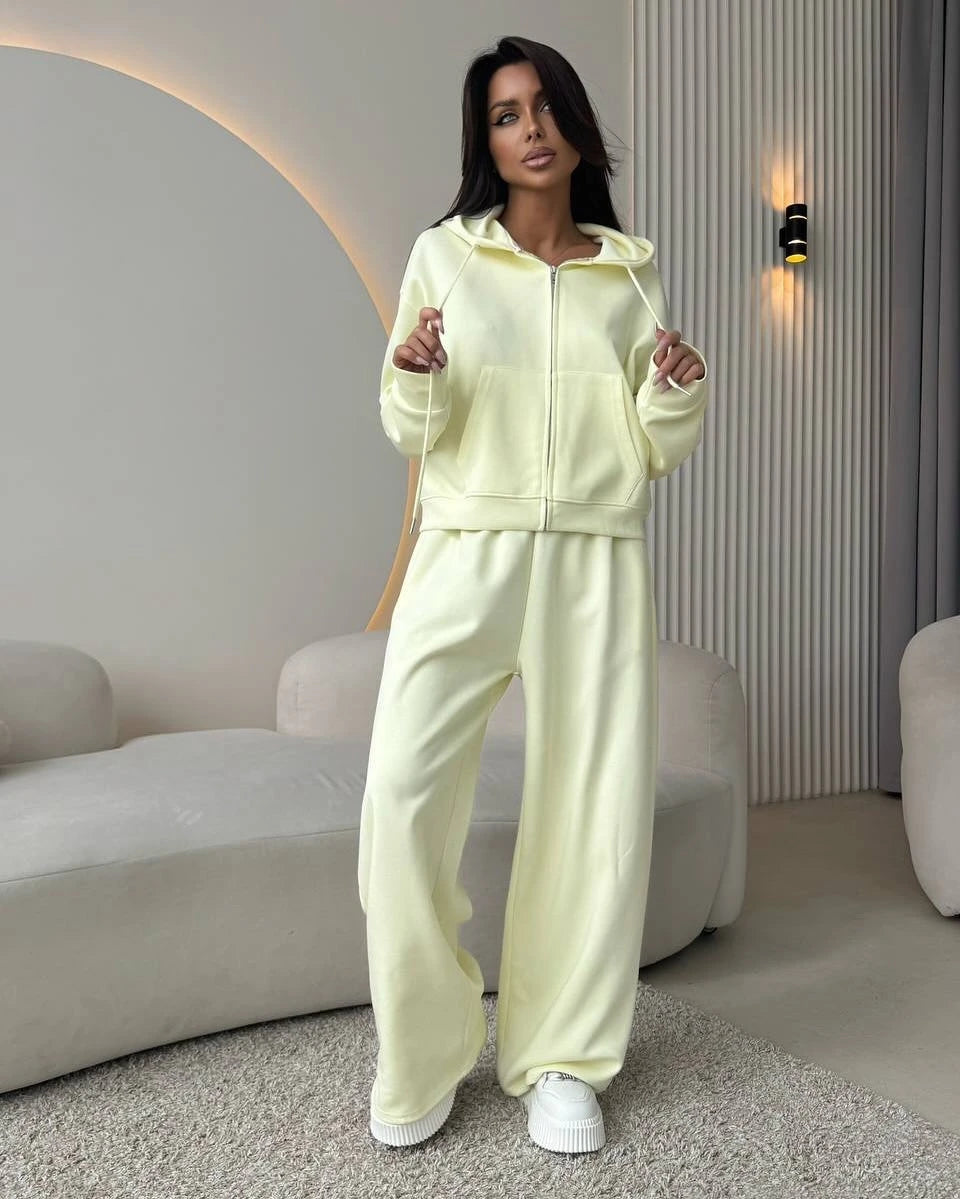 Fashionable Casual Loose Hooded Jacket and Pants Set Long Sleeve Zipper Closure Sweatshirt for Adult Women's Autumn Wear