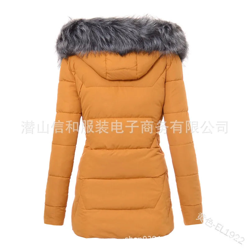 Women's Parkas Jacket Cotton Coat Winter Thick Fur Collar Hooded Windproof Padded Jackets Outerwear Zipper Overcoat Office Lady