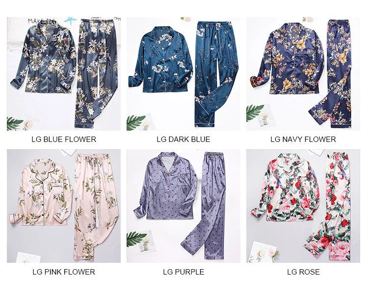 Spring Autumn Pajama Women Silk Satin Pajamas Set Long Sleeve Shirt with Trouser Sleepwear Loungewear Female Pajamas Suits Mujer