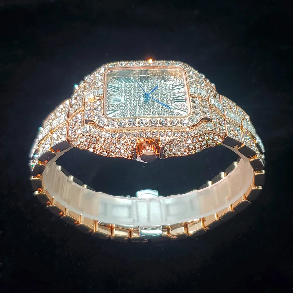 Luxurious Full Diamond Watch for Men Popular Rose Gold Iced Out Quartz Watches Fashion Hip Hop Jewelry Reloj Hombre Dropshipping