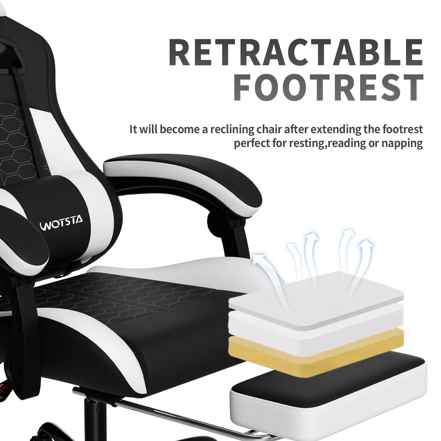 WOTSTA Gaming Chair with Footrest, Lumbar Support, Adjustable Height, Swivel Seat, Headrest, For Office or Gaming