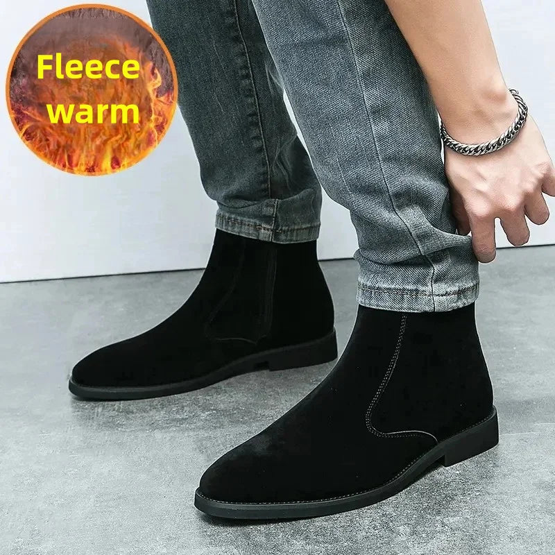 Winter Men Velvet Warm Chelsea Boots British High Top Cowboy Boots European and American Zipper Training Boots Men Sizes 38-46