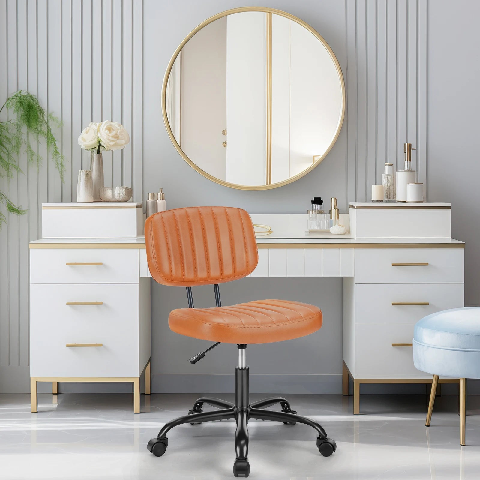 JHK Armless Office Desk Chair with Back Lumbar Support, Height Adjustable PU Leather Computer Chair with 360° Swivel Rolling Wheels