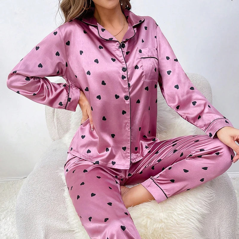 Spring Autumn Pajama Women Silk Satin Pajamas Set Long Sleeve Shirt with Trouser Sleepwear Loungewear Female Pajamas Suits Mujer