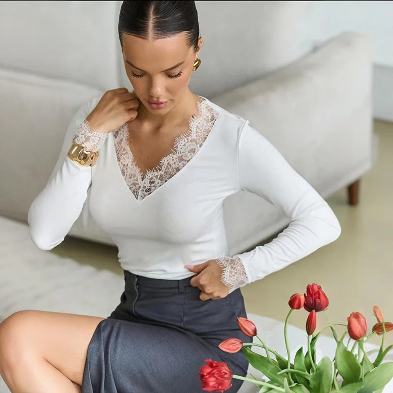 Tornova V Neck Lace T-Shirt Top for Women - Sexy Navel Exposed Pullover Fashion Splice Hot Girl Club Party Top - Autumn New Lady T-Shirt