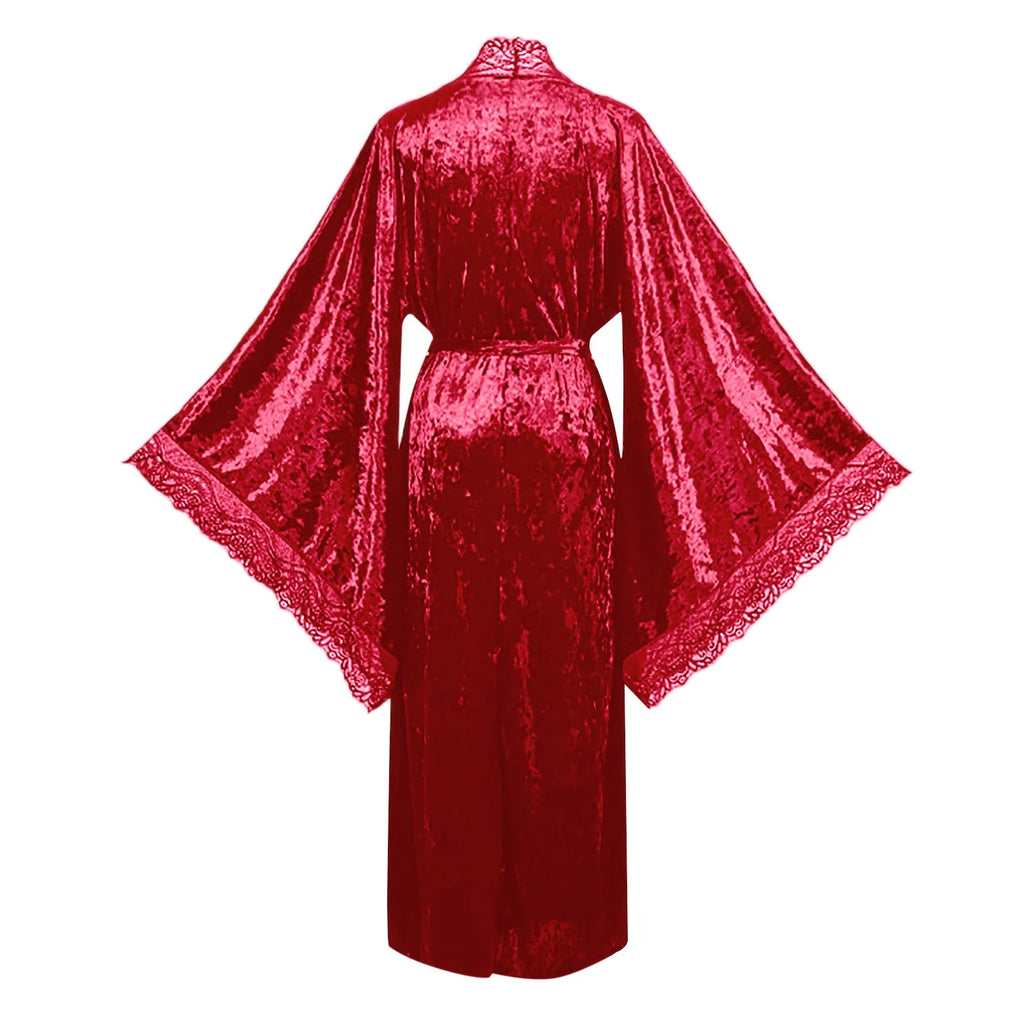 Women's Lace Velvet Bathrobe Breathable Nightgown Kimono Home Clothes Flare Sleeve Night Long Robe Female Sleepwear Homewear