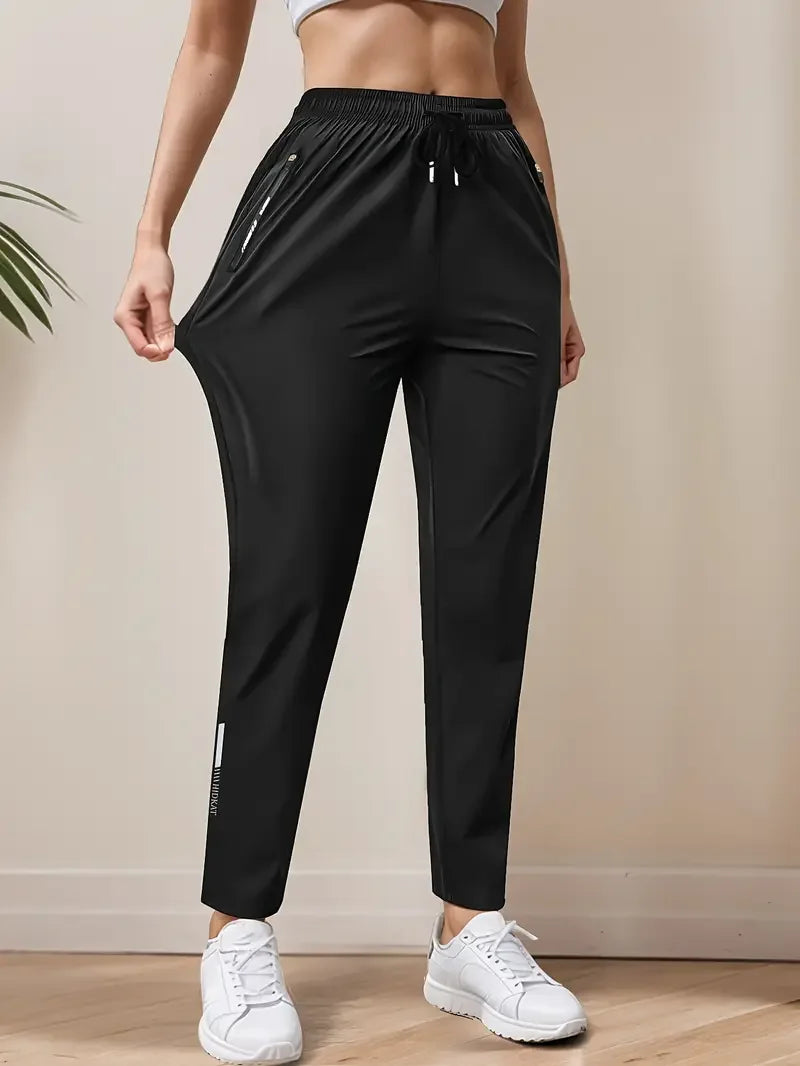 Women's High-Elasticity Ice Silky Fiber Casual Pants Quick-Dry with Zipper Pockets Adjustable Drawstring Waist Lightweight