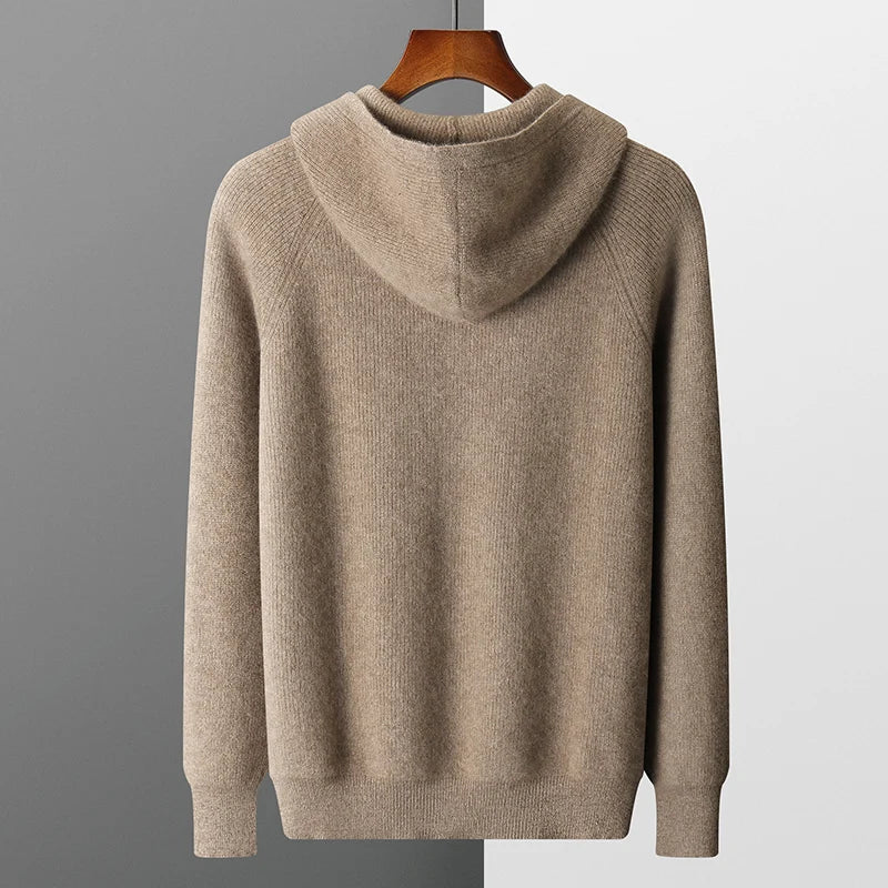 Men's 100% Merino Wool Hooded Zipper Cardigan - Autumn Winter Thick Knit Large Size Jacket Long Sleeved Sportswear Coat